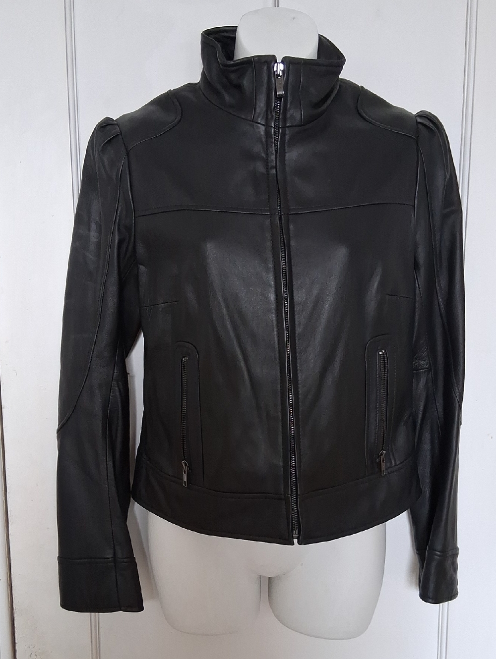 Pelle Studio Black Leather Cafe Racer Moto Ruched Shoulder Stand Collar Jacket S